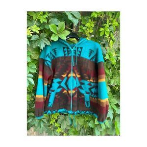 Vtg  Wool Blanket Jacket Native Artesanias Tuntaquimba Ecuador Aztec Hooded LG